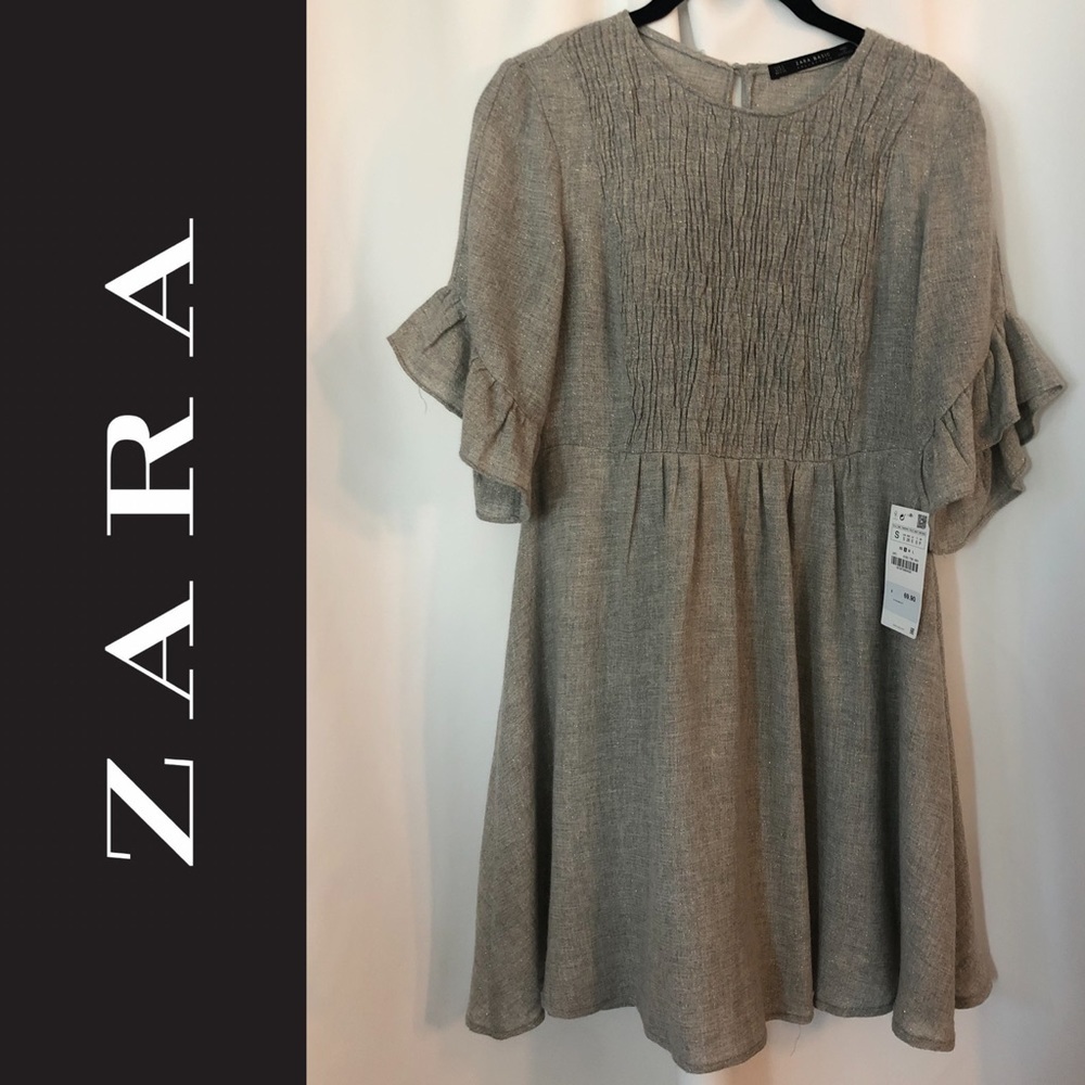 NWT-Zara Gray/Gold Party Dress With Bell Sleeves
